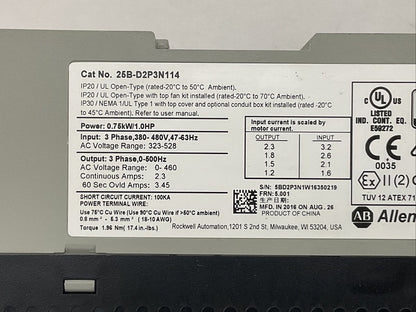 ALLEN BRADLEY 25B-D2P3N114 AC DRIVE SER A FRN 5.001 OUTPUT 0-460VAC
