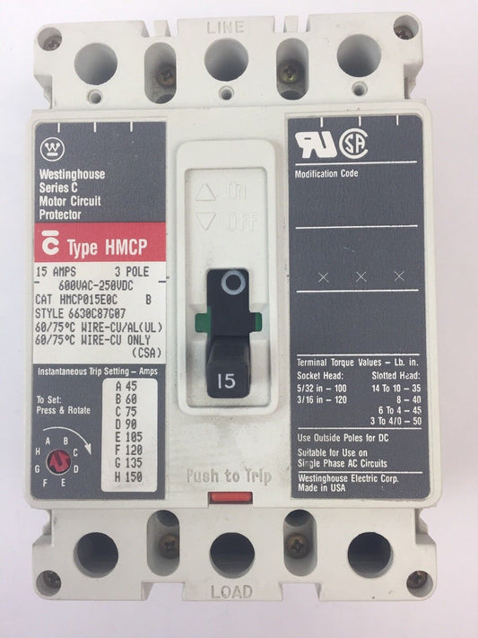 WESTINGHOUSE HMCP015E0C MOTOR CIRCUIT PROTECTOR 15 AMP 3 POLE 600VAC 250VDC