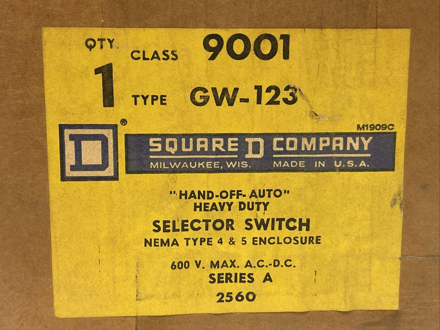 SQUARE D 9001 GW-123 HAND-OFF-AUTO HEAVY DUTY SELECTOR SWITCH 600V SERIES A NEMA