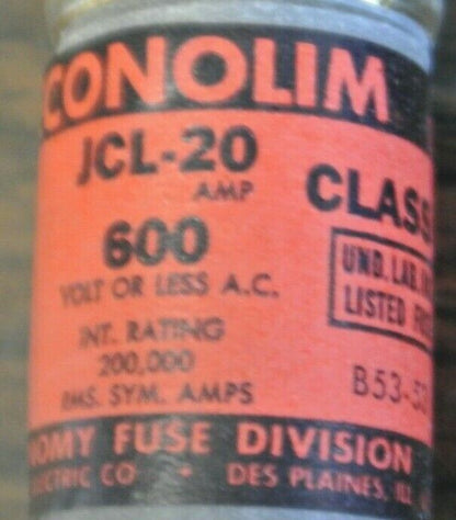 BOX of 10 / ECONOMY JCL20 "ECONOLIM" CLASS J FUSE / 20A / 600V / NEW SURPLUS