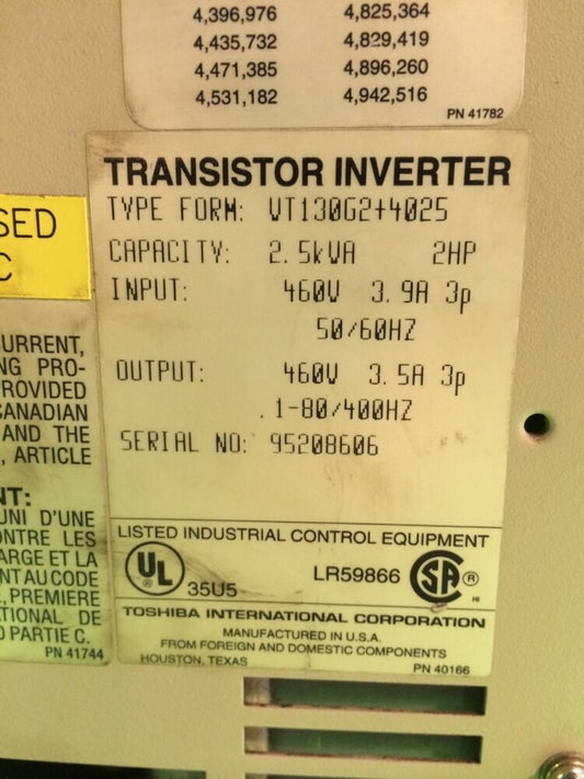 TOSHIBA TOSVERT VT130G2+4025 TRANSISTOR INVERTER 2HP 460V