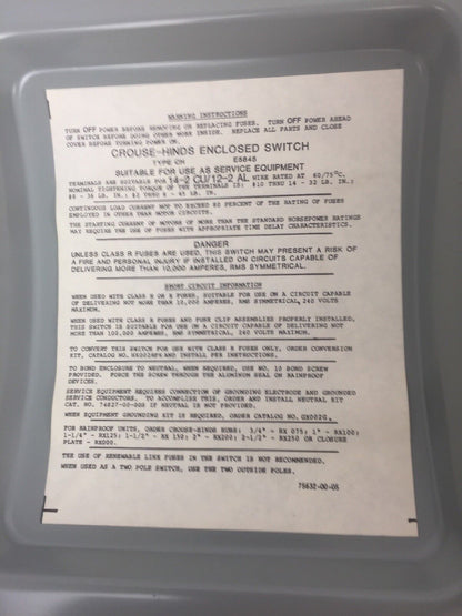 CROUSE HIND GH422N FUSIBLE  ENCLOSED SWITCH 60A 240VAC 3 POLE TYPE 1