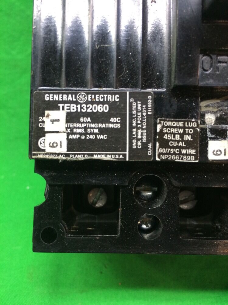 GENERAL ELECTRIC 60 AMP 3 POLE CIRCUIT BREAKER TEB132060 240 VAC