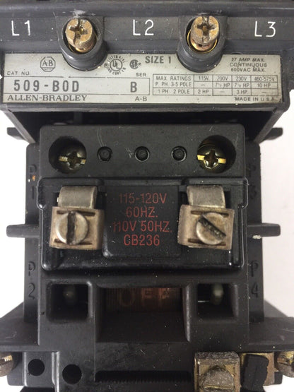 ALLEN BRADLEY 509-B0D SIZE 1 STARTER 600VAC 27AMP 10HP W39 HEATERS 120V COIL