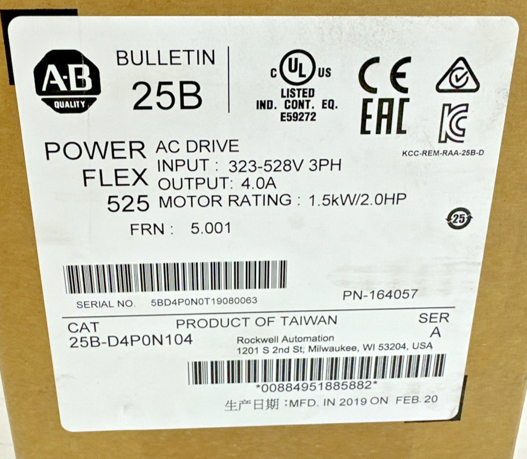ALLEN BRADLEY 25B-D4P0N104 POWER FLEX  AC DRIVE FRN 5.001 SER A OUTPUT 4A 2HP