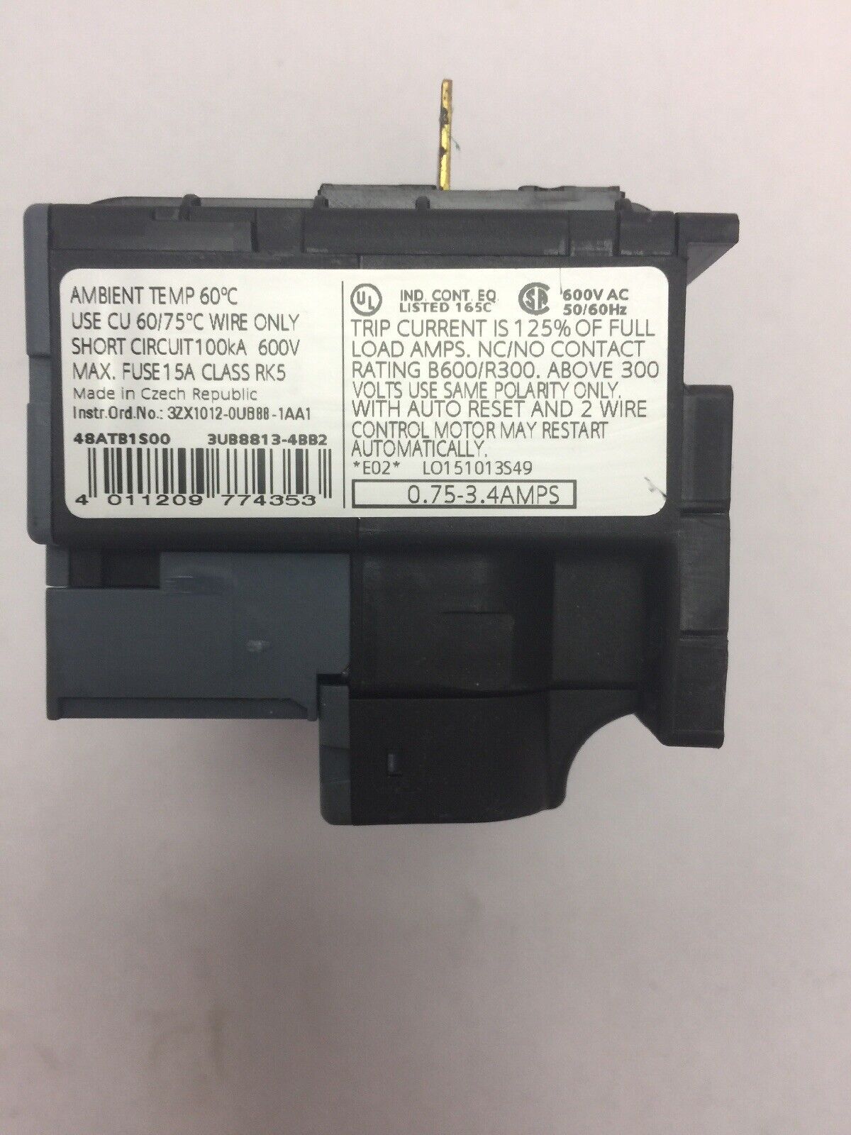 SIEMENS ESP200 OVERLOAD RELAY 48ATB1S00 600V 0.75-3.4AMPS