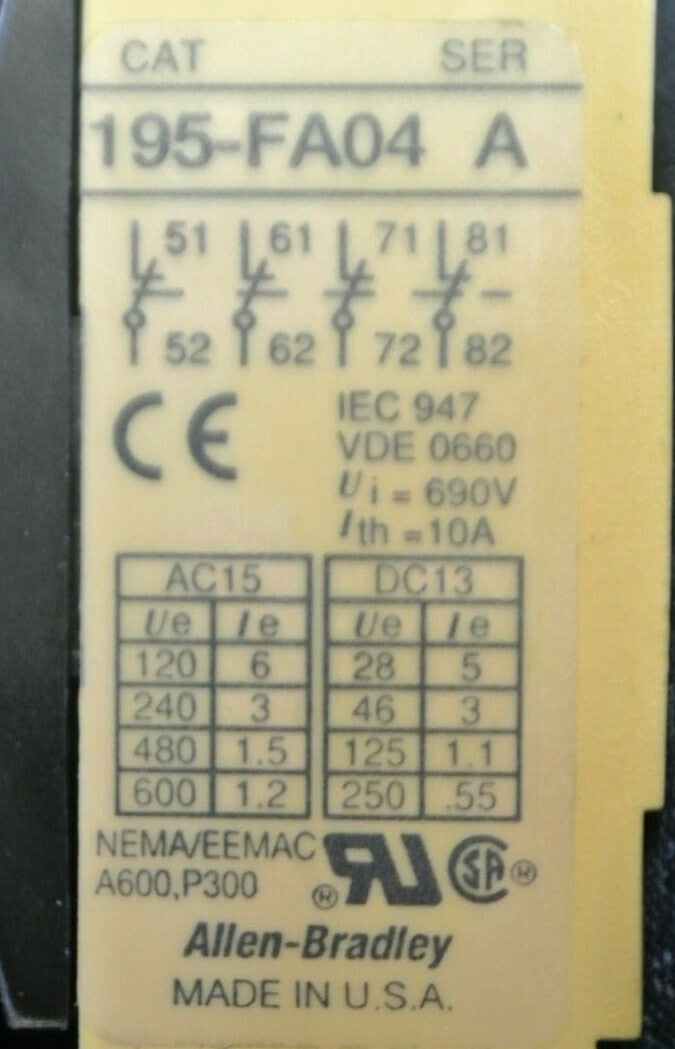 ALLEN-BRADLEY 195-FA04 TYPE F ADD-ON CONTACT BLOCK / NEW SURPLUS