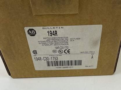 ALLEN BRADLEY 194R-C30-1753 SWITCH-DISCONNECTOR 30A SER.A 600VAC 20HP