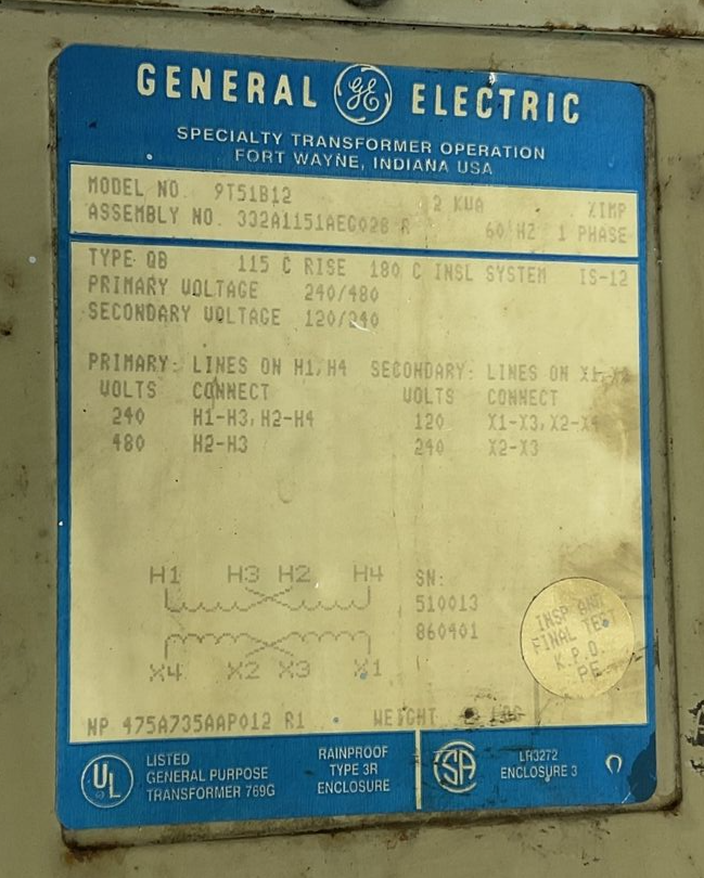 GENERAL ELECTRIC 9T51B12 TRANSFORMER RAINPROOF 2KVA 480VAC 1PH 60HZ TYPE QB