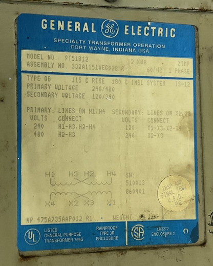 GENERAL ELECTRIC 9T51B12 TRANSFORMER RAINPROOF 2KVA 480VAC 1PH 60HZ TYPE QB