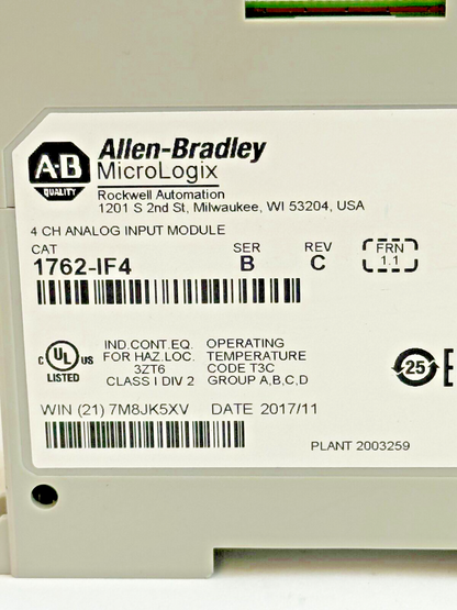 ALLEN-BRADLEY - 1762-IF4 SER. B REV. FRN. 1.1 - MICROLOGIX 4 CH ANALOG INPUT MOD