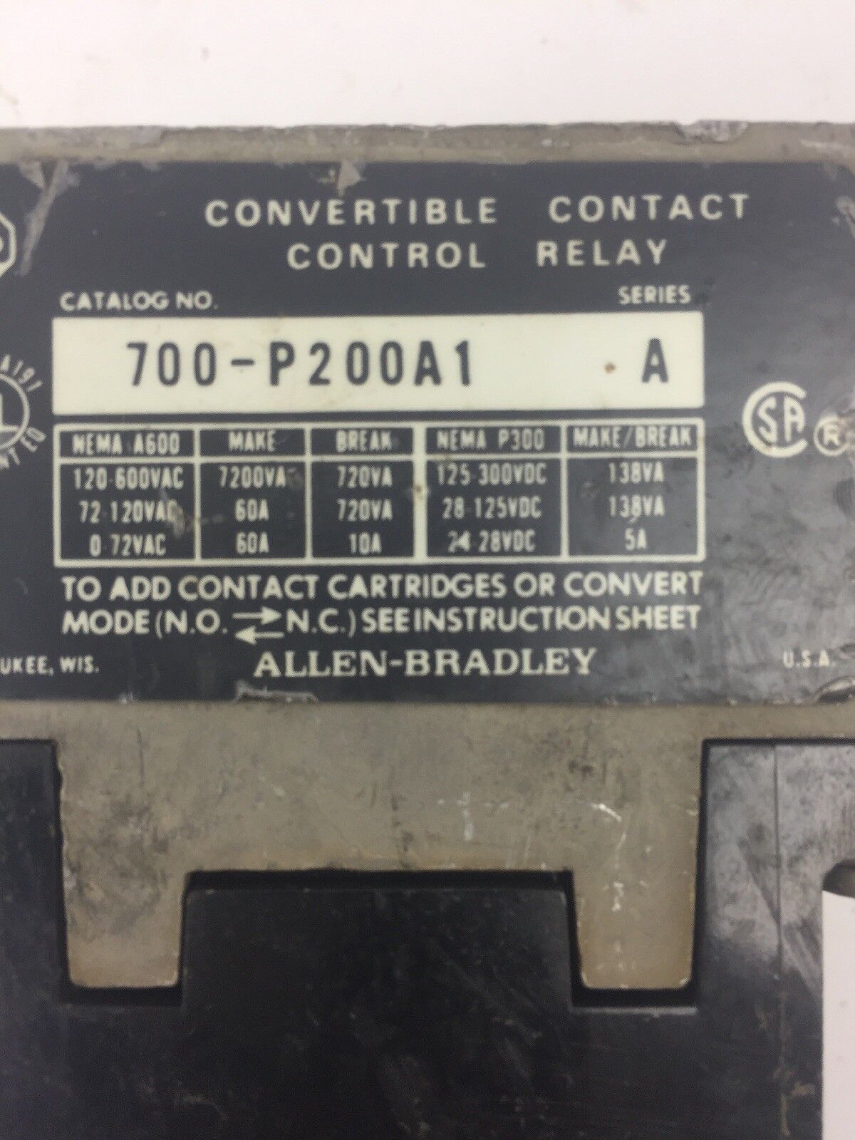 ALLEN BRADLEY 700-P200A1 AC CONTROL RELAY SERIES A COIL 230-240V 60HZ 220V 50HZ