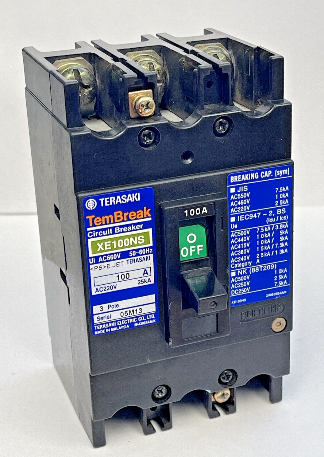 TERASAKI - XE100NS - CIRCUIT BREAKER - 3 POLE, 100 AMP, 50-60Hz, 660 VAC