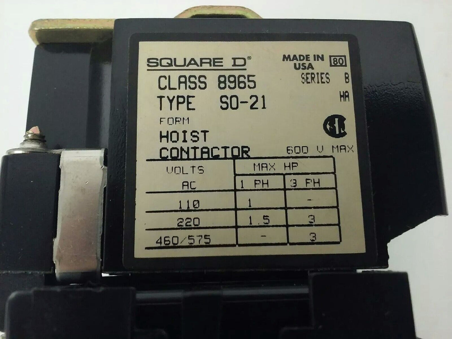 SQUARE D CLASS 8965 TYPE SO-21, 8965 SO21, HOIST CONTACTOR, 3PH, 600V, 240V COIL