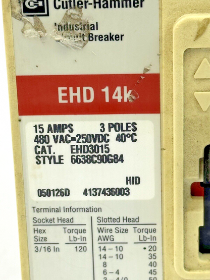CUTLER-HAMMER - EHD3015 - CIRCUIT BREAKER - 3 POLE/ 15 A/ 480 VAC