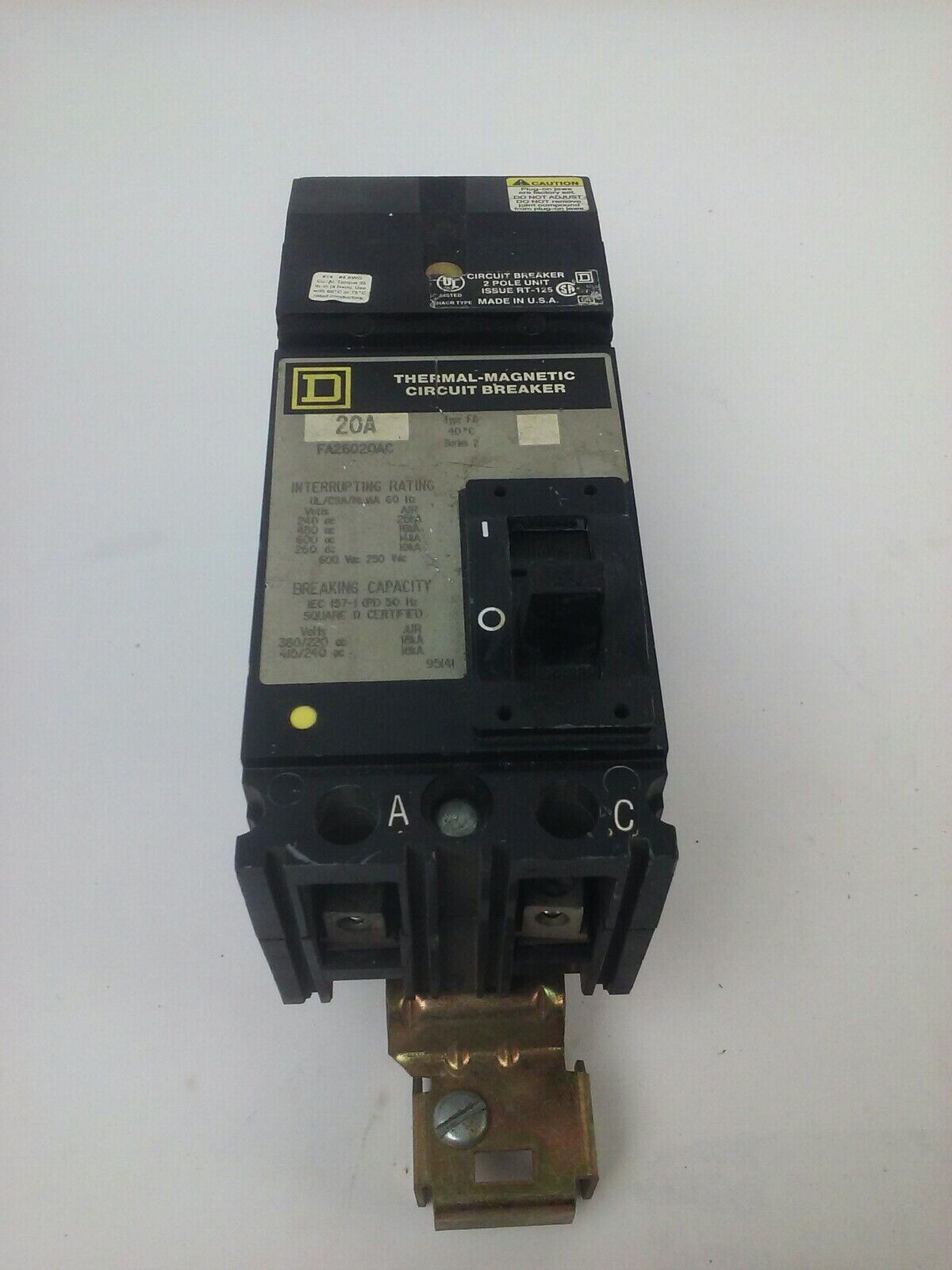 SQUARE D KA26020AC SERIES 2 THERMAL-MAGNETIC CIRCUIT BREAKER 2P 20A 600VAC 25KA