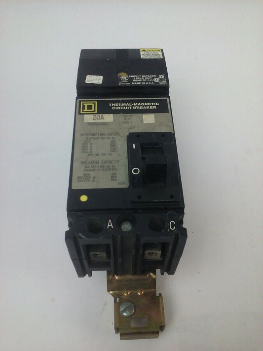 SQUARE D KA26020AC SERIES 2 THERMAL-MAGNETIC CIRCUIT BREAKER 2P 20A 600VAC 25KA