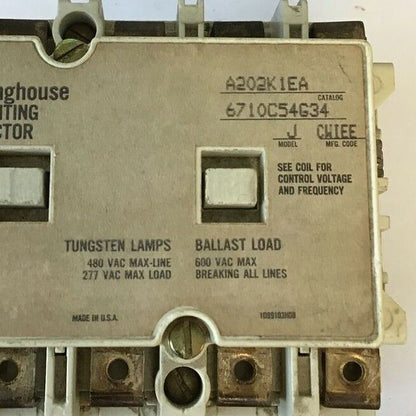 WESTINGHOUSE AC LIGHTING CONTACTOR A202K1EA MODEL J 6710C54G34