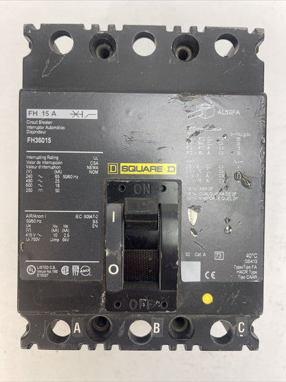 SQUARE D FH36015 CIRCUIT BREAKER 15AMP 600VAC 250VDC 3POLE