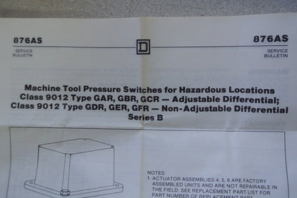 SQUARE D 9012 GAR26 MACHINE TOOL PRESSURE SWITCH, TYPE G - NEW SURPLUS