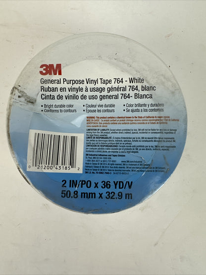 3M GENERAL PURPOSE VINYL TAPE 764 WHITE 2IN X 36YD 50.8mm X 32.9m (LOT OF 3)