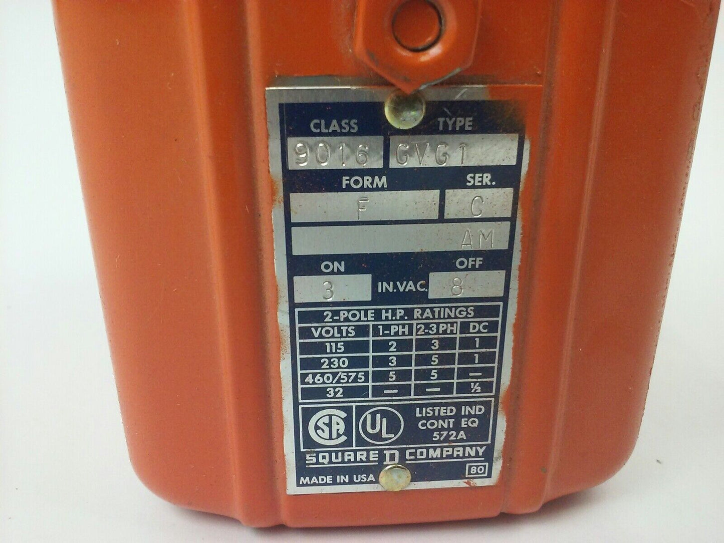 SQUARE D 9016 BMW-1 SER. C VACCUM SWITCH, SET 3-7 IN HG, FORM F, 2P, 3PH, 575V