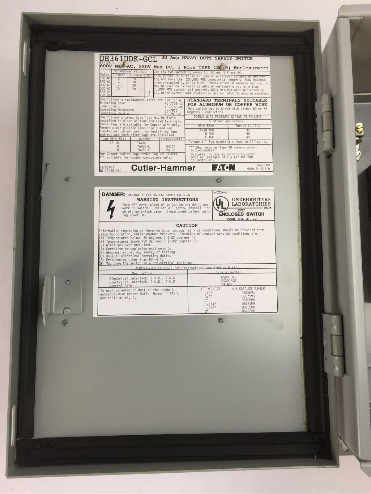 CUTLER HAMMER DH361UDK-GCL SER B SAFETY SWITCH 600VAC 250VDC 30A 3P 30HP 12(3R)