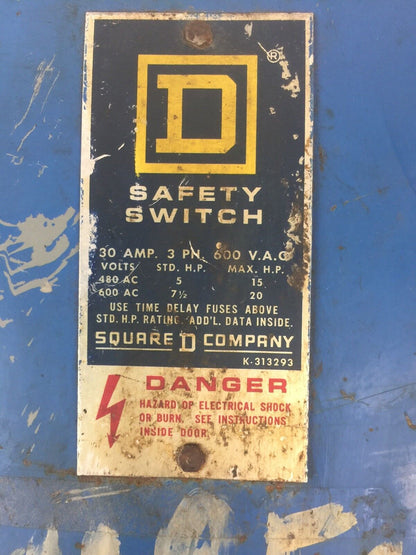 SQUARE D H361 SAFETY SWITCH 30 AMP 600VAC FUSIBLE 20 HP 3 PH