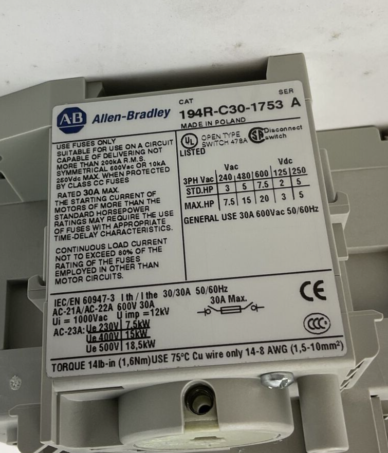 ALLEN BRADLEY 194R-C30-1753 SWITCH-DISCONNECTOR 30A SER.A 600VAC 20HP