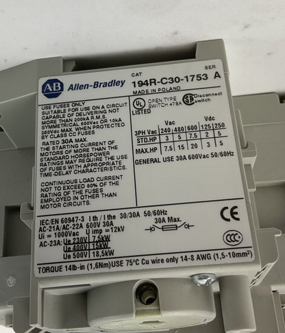 ALLEN BRADLEY 194R-C30-1753 SWITCH-DISCONNECTOR 30A SER.A 600VAC 20HP