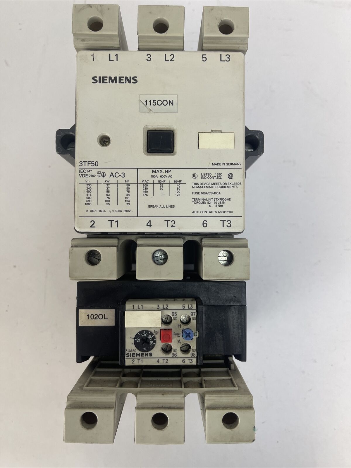 SIMENS STARTER (3TF50 CONTACTOR 150A 600VAC 125HP 3UA60 RELAY 80-110A)