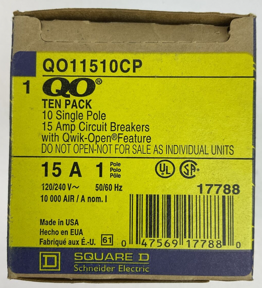 SQUARE D QO11510CP CIRCUIT BREAKER 1POLE 15AMP 120/240VAC (BOX OF 10)