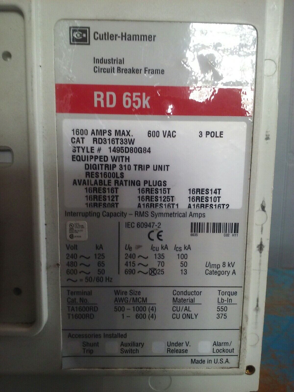 CUTLER HAMMER RD316T33W INDUSTRIAL CIRCUIT BREAKER RD 65K 1600A 600V 3P