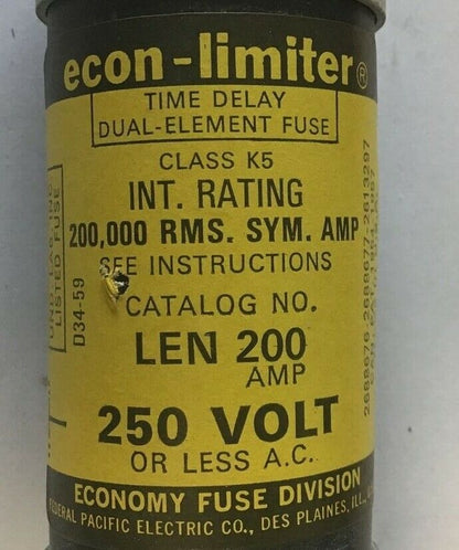 ECONOMY LEN 200 FUSE CLASS K5 200A 250VAC ECON-LIMITER TIME DELAY