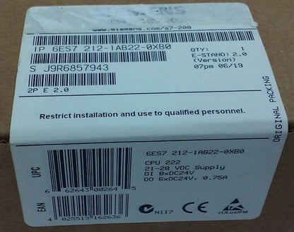 SIEMENS 6ES7-212-1AB22-0XB0, CPU 222, DI-8/DO-6, DC-24V, S7-200, (NEW, SEALED)