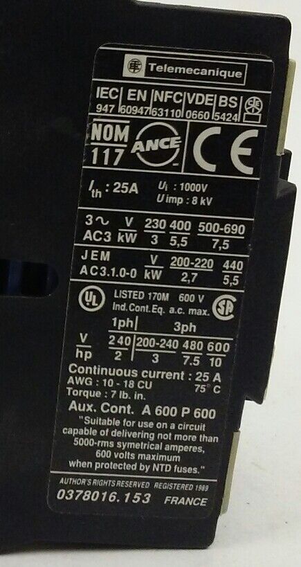 Telemecanique LC1D1210M7 Contactor 220-230, 230-240V coil - M7 - NEW SURPLUS