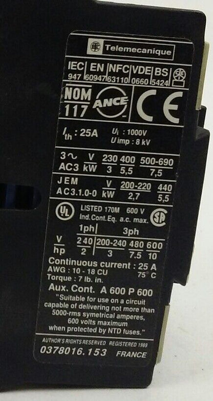 Telemecanique LC1D1210M7 Contactor 220-230, 230-240V coil - M7 - NEW SURPLUS