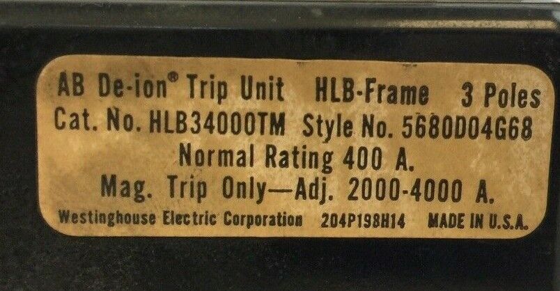 WESTINGHOUSE HLB34000TM TRIP UNIT 400A 3POLE MAG TRIP ADJ 2000-4000A 5680D04G68