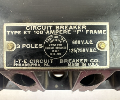 ITE ET4035 CIRCUIT BREAKER 100AMP "F" FRAME 3POLE 600VAC 125/250VDC 50AMP