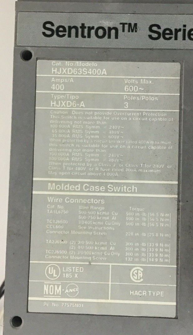 SIEMENS HJXD63S400A 400A MOLDED CASE  SWITCH W/SHUNT S11JLD6 & A01JLDLY SENTRON