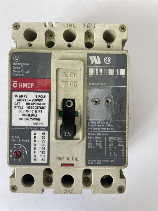 WESTINGHOUSE HMCP015E0C SER C MOTOR CIRCUIT PROTECTOR 15AMP 600VAC 250VDC 3POLE