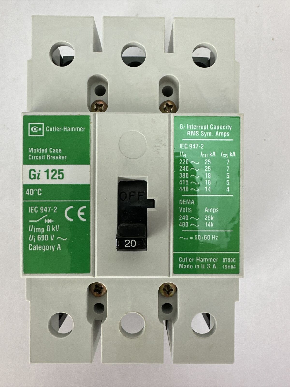 CUTLER HAMMER GI125-20A CIRCUIT BREAKER 20AMP 440VAC 3POLE