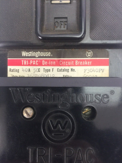 WESTINGHOUSE F3040PV TRI-PAC DE-ION CIRCUIT BREAKER 40AMP 600VAC 3 POLE