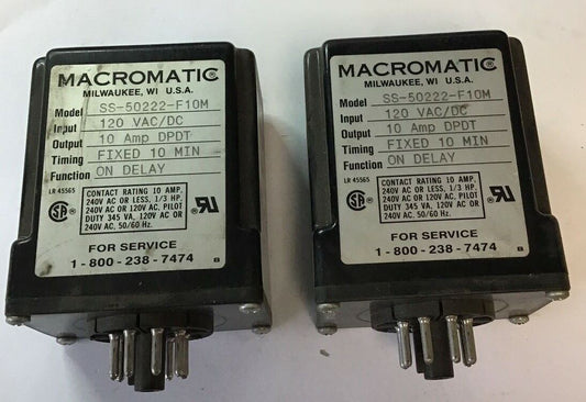 MACROMATIC SS-50222-F10M TIME DELAY RELAY FIXED 10MIN 120VAC/DC 10A ***LOTOF2***