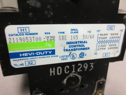 HEVI-DUTY 2119053T00 TYPE SBE INDUSTRIAL CONTROL TRANSFORMER .090/.105 KVA