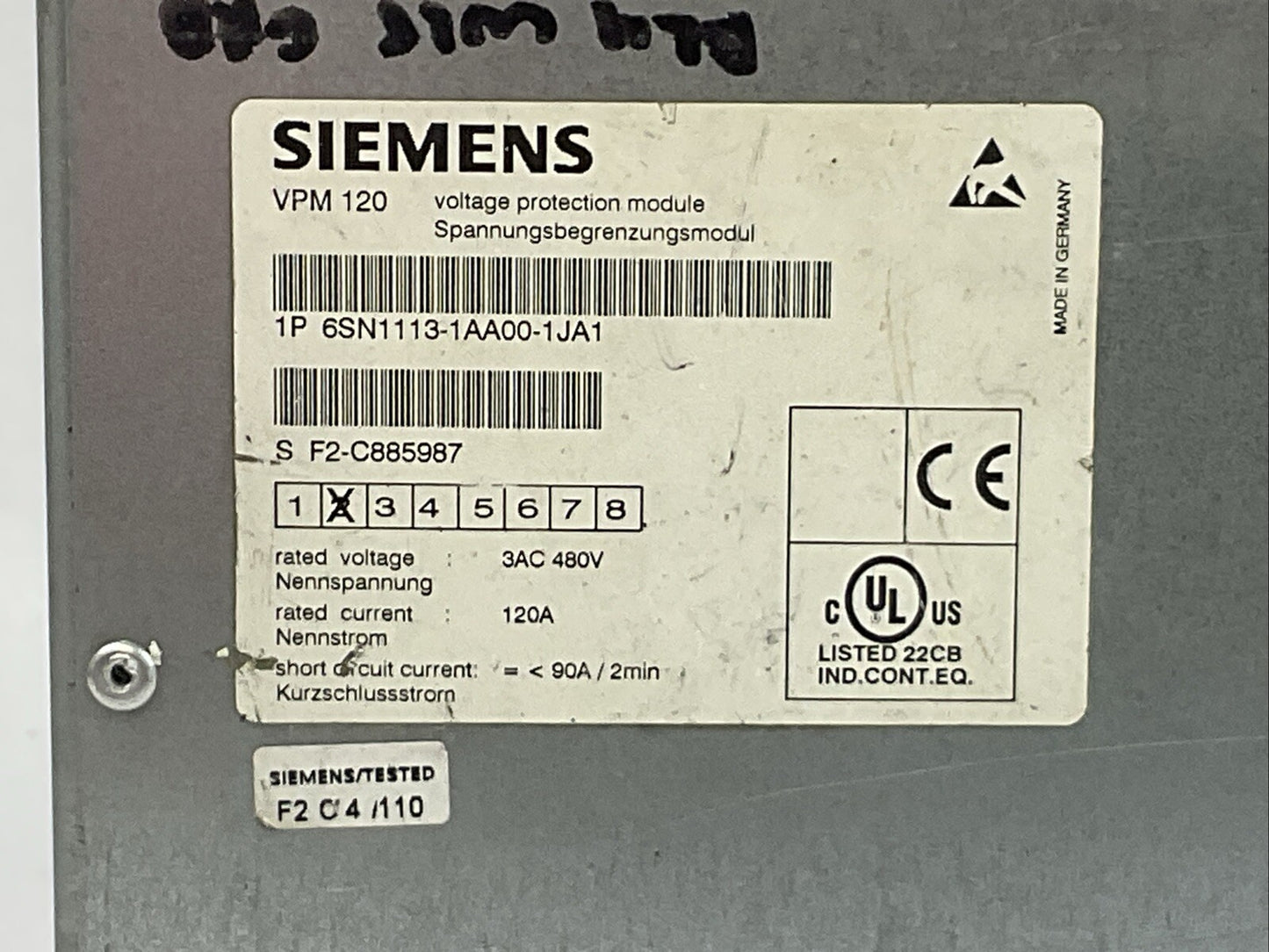 SIEMENS 1P 6SN1113-1AA00-1JA1 VPM 120 VOLTAGE PROTECTION MODULE 3AC 480V 120A