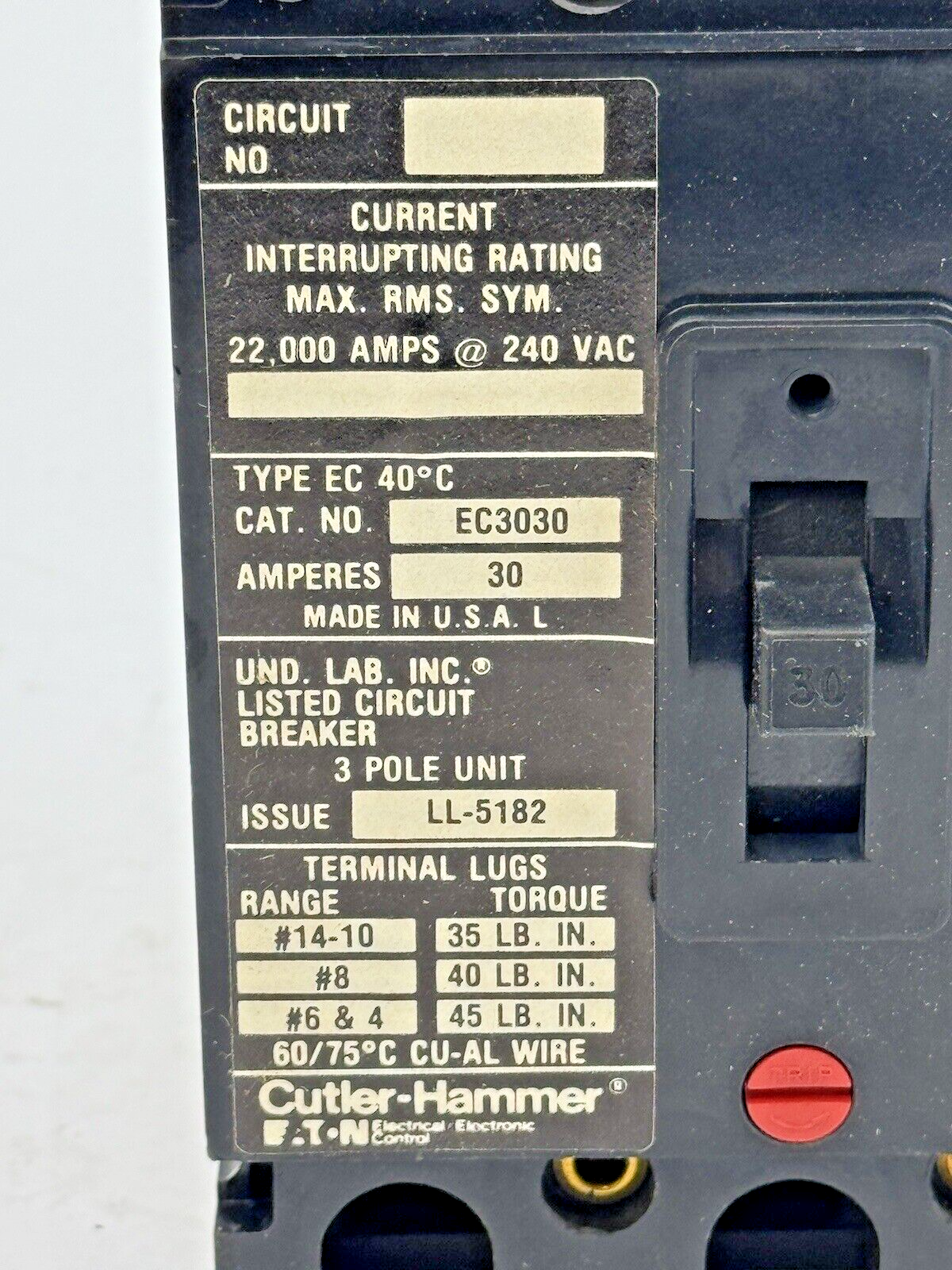 CUTLER-HAMMER / EATON - EC3030 SER. 3 - CIRCUIT BREAKER - 30A/ 240 VAC/ 3 POLE