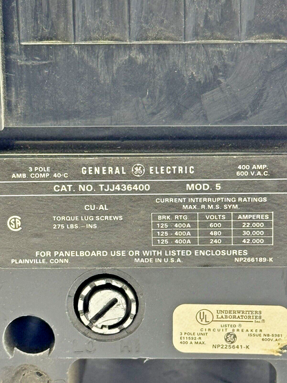 GE - TJJ436400 - CIRCUIT BREAKER W/ 400A TRIP, AUX, SHUNT - 400A, 600VAC, 3 POLE
