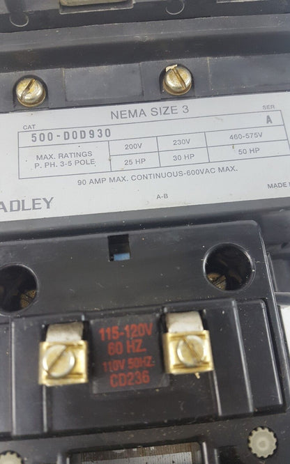 ALLEN BRADLEY CONTACTOR/STARTER 500-D0D930 SER A 50HP 460V