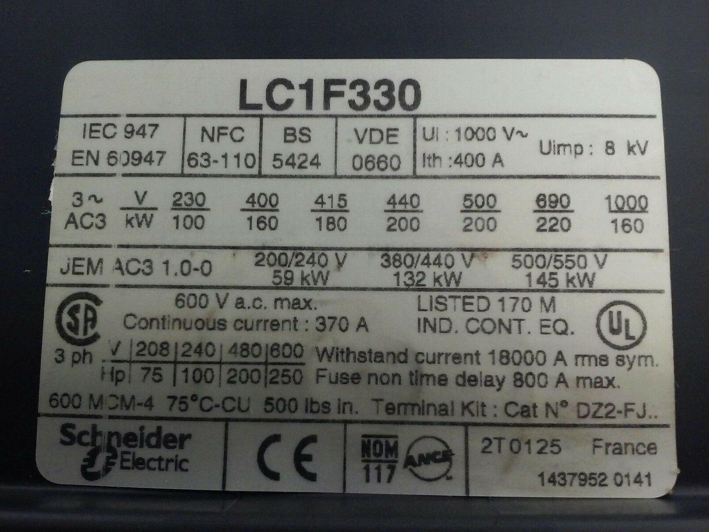 TELEMECANIQUE LC1F330 CONTACTOR,3PH,600VAC, 370A, 250HP, 120/127V 40/400HZ COIL
